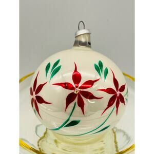 Vintage Glass Christmas Ornament Red Poinsettia Hand Painted On White W/ Glitter
